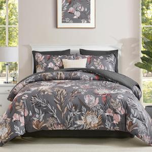 Luxudecor Floral Comforter Set Queen Bed in a Bag Set,7 Pieces Dark Gray Floral Comforter and Sheet Set,Soft Microfiber Bedding Sets for All Seasons (Dark Gray,90"X90")