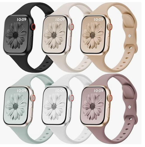 6 Pack Thin Bands Compatible with Apple Watch Band 38mm 40mm 41mm 42mm 44mm 45mm 46mm 49mm Women Men, Sport Silicone Strap Slim Wristband for iWatch Series 11 10 9 8 SE 7 6 5 4 3 2 1 Ultra Black/Starlight/Smoke Violet/Milk Tea/White/Succulent