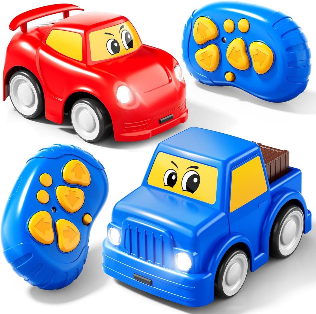 Remote Control Car 2 Year Old, Toddler RC Cars Ages 2-4 Boy, 2-Pack 2.4 GHz Truck and Race Car with Sound and Light, Easy Electrical Remote Control Toy Gifts for Boys Girls 3 4 5+ Year Old