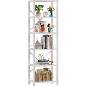 Furologee White Tall Bookshelf, Narrow Bookcase with 6 Shelves, Modern Freestanding Shelf Units, Metal and Wood Display Storage Corner Rack Organizer for Living Room, Home Office, Hallway, Bathroom (6 Tier - 15.3"W)
