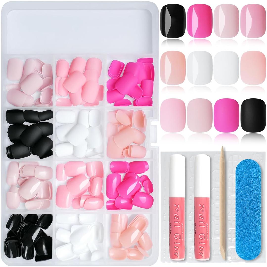 2 x 288PC Short Press on Nails Square Fake Nails Press ons with Glue&Adhesive Tabs, 12 Sizes Glossy&Matte Acrylic Nails Press on Nails Pack Glue Nails Short Stick Nails XS Artificial Fingernails