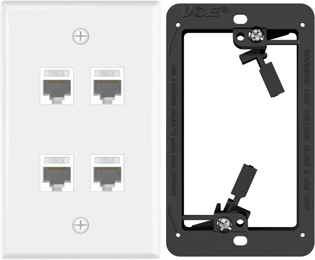 VCE UL Listed 4-Port Ethernet Wall Plate with Low Voltage Mounting Bracket, RJ45 CAT6 Wall Plate with Single Gang Bracket, White
