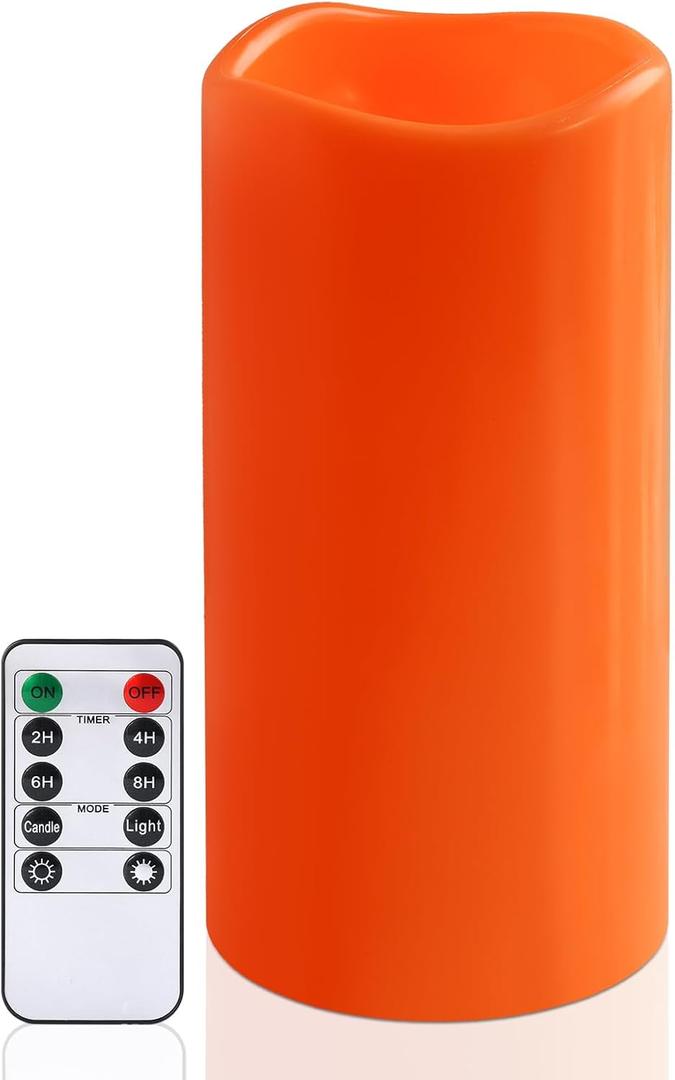 Pack of 1 NURADA 8" x 4" Large Outdoor Flameless Candles - Waterproof LED Pillar Flickering Candle Battery Operated with Timer Remote for Patio Porch Thanksgiving Fall Halloween Decor, Orange