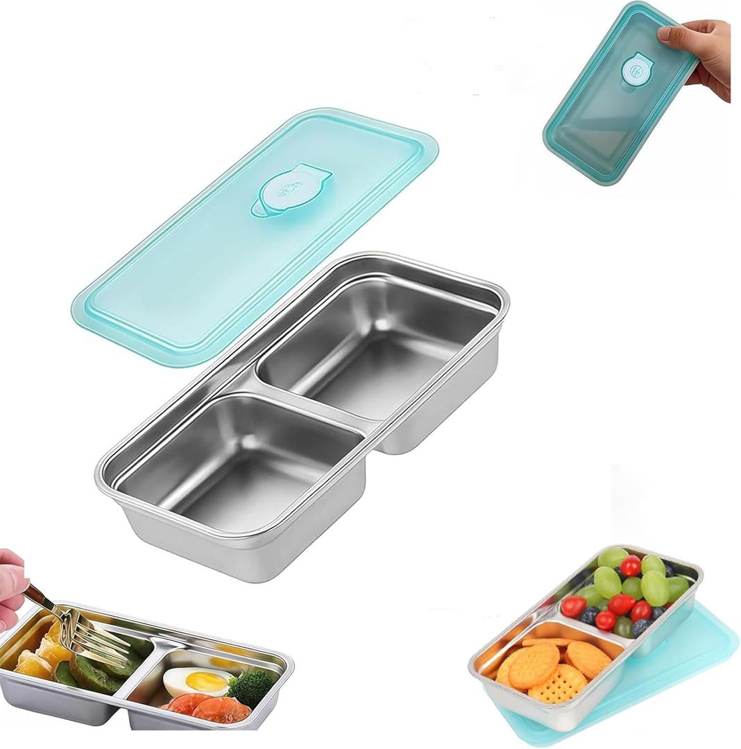 Grab and Go Stainless Steel Double Compartment Snack Containers, Reusable with Lids, Secure-Lid Lunch Box for Snacks, Dips, Travel, Takeout & Outdoor Camping (1pcs)
