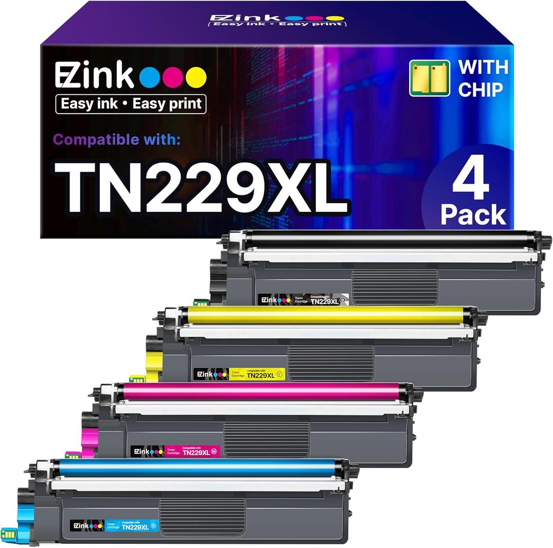 E-Z Ink Compatible TN229XL Toner Cartridges Replacement for Brother TN229XL TN-229XL TN229 XL to use with MFC-L3720CDW MFC-L3780CDW HL-L3220CDW HL-L3280CDW HL-L3300CDW Printer (TN229XLBK/C/M/Y-4 Pack) (13.19 x 5.12 x 7.87 inches)