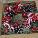 Christmas Wreaths for Front Door, 20" Artificial Winter Wreaths for Indoor Outdoor Decor, Light up Christmas Decorations Door Wreath with Red Candy Cane Berry Flowers Ball Pine Cones for Xmas