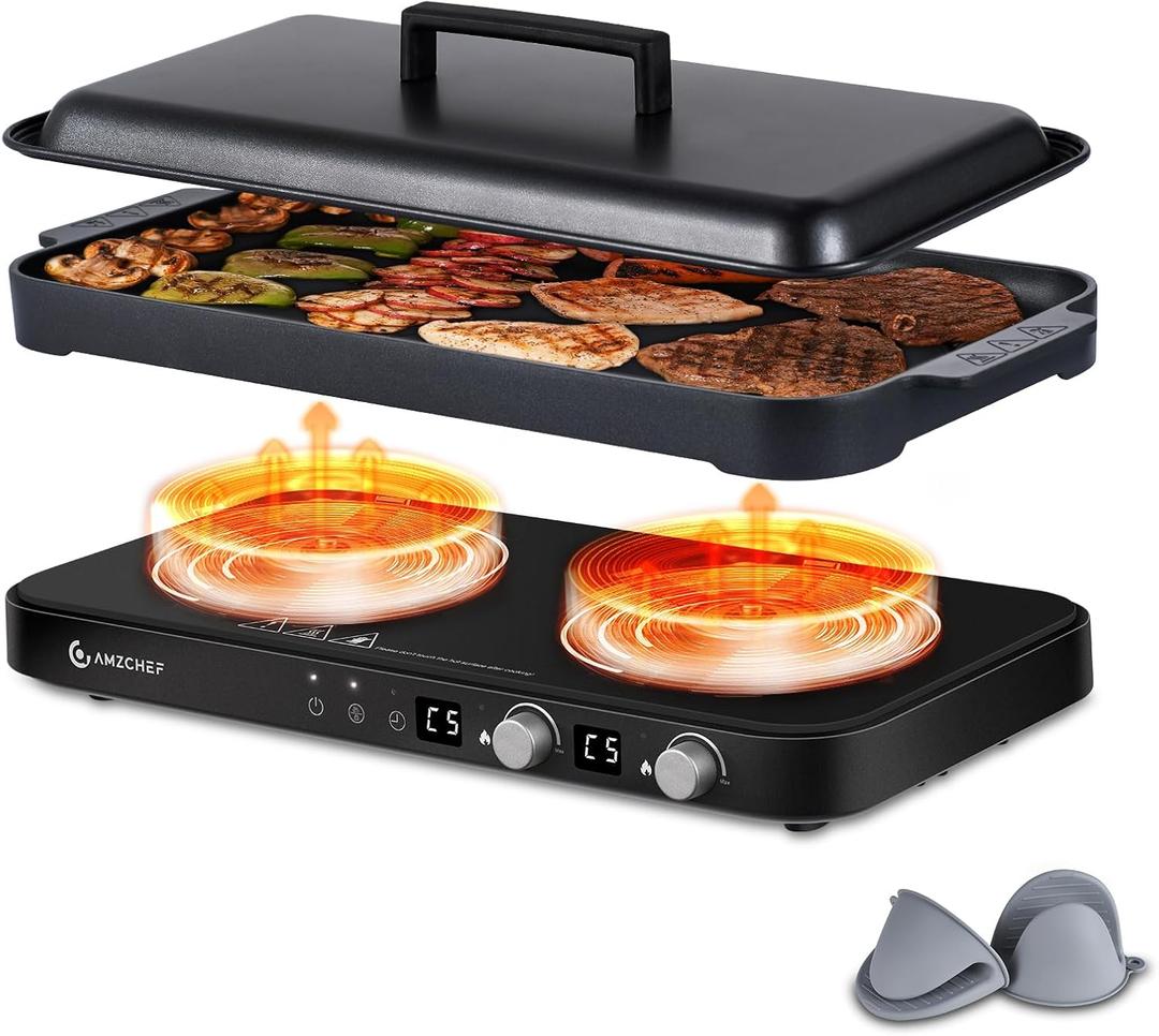 AMZCHEF Double Induction Cooktop with Removable Griddle Pan Non-stick, 1800W 2 burner Portable Induction Stove With Sensor Touch 9 Power Levels, 99 Min Timer, Black