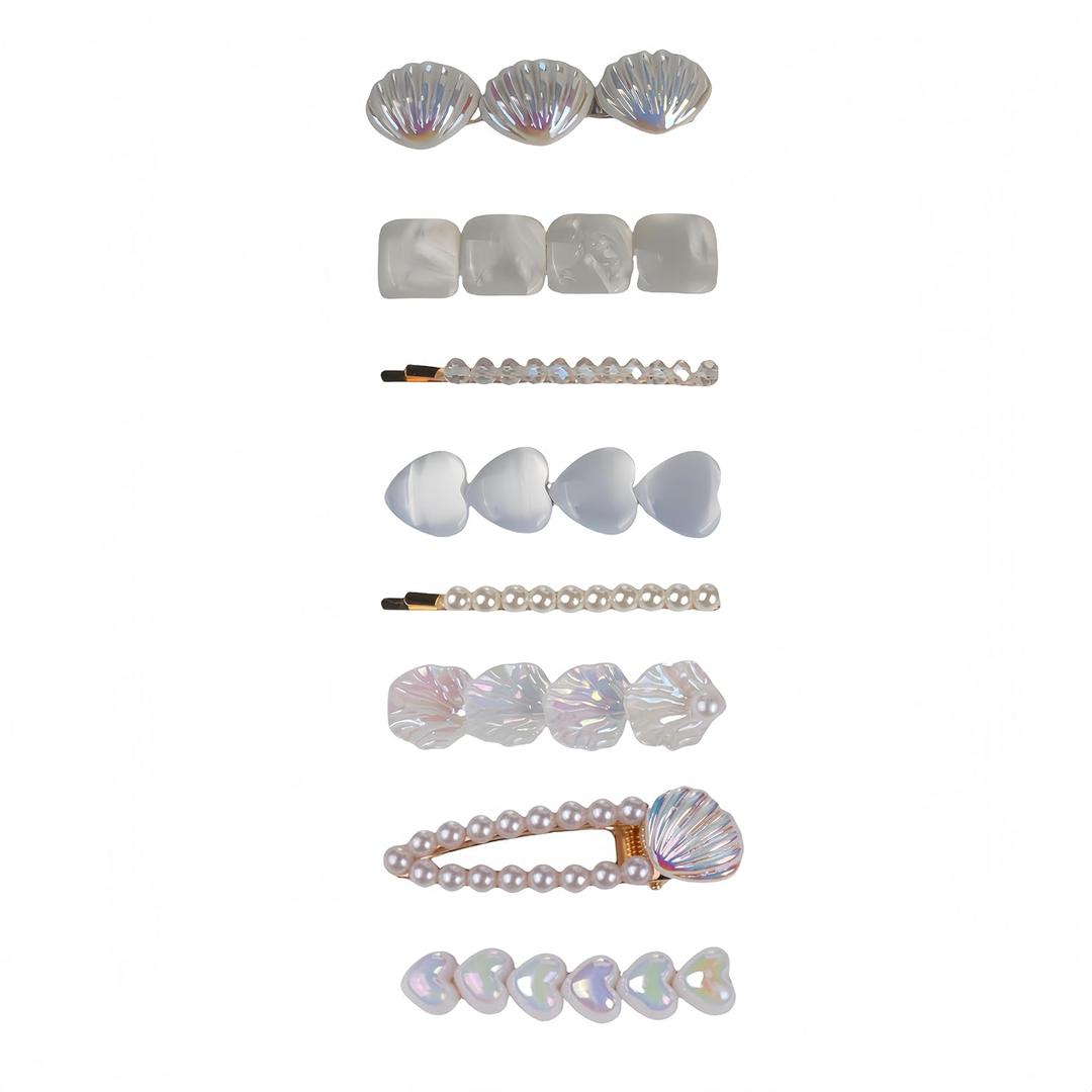 2 x 8PCS Pearl Hair Clips Set,Shiny Shell-Shaped Barrettes-Elegant Bridal Hair Accessories for Women&Girls,Wedding Gift(White)