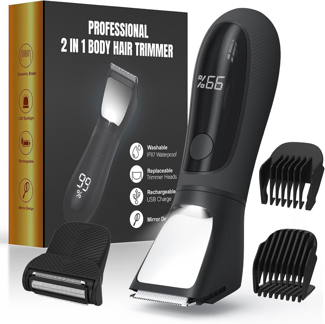 Bikini Trimmer for Men, 2 in 1 Electric Razors Shaver, IPX7 Waterproof Body Hair Trimmer with Mirror, LED Light & Display, Painless Pubic Hair Removal, Black