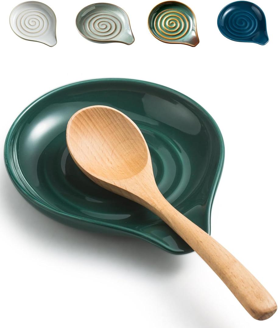 LAUCHUH Spoon Rest for Stove Top, 5 inch Ceramic Cooking Spoon Holder for Kitchen Countertop, Heat-Resistant Large Utensil Rest for Mother's Day, Spatula, Ladle or Tongs, Green
