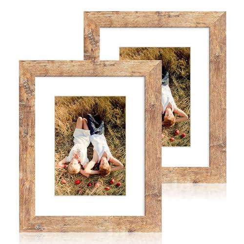 iRahmen 8x10 Picture Frame Set of 2, High Definition Real Glass Rustic Brown Wood Frame, Display Pictures 5x7 with Mat or 8 x 10 Without Mat for Tabletop or Wall Mounting