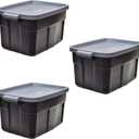 Rubbermaid Garage Storage Bins Black Plastic Stackable Storage with 3-Pack 31 GAL Capacity, Totes for Storage Home Organization Durable - Heavy Duty (31 GAL - 3 Pack Solid Black and Grey)
