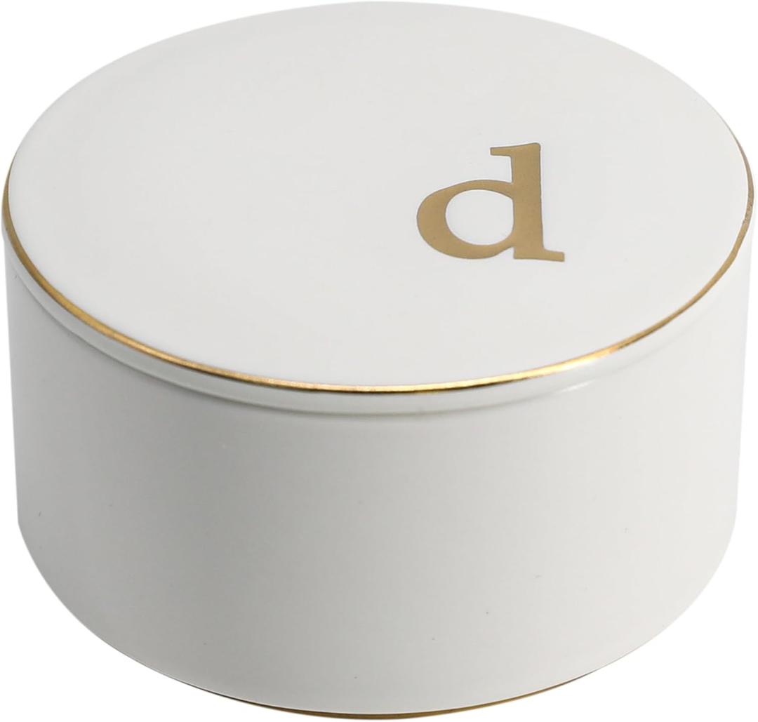 COLLECTIVE HOME - Ceramic Jewelry Box, Elegant Embossed Jewelry Holder, Trinket Organizer with Gold Monogram Lid, Storage for Ring Necklace Bracelet Earrings, Rings and Accessories (d)