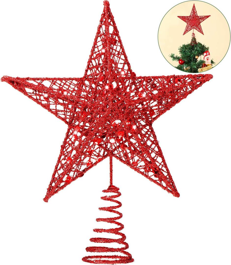 Blulu 10 Inches Red Christmas Star Topper Xmas Tree Topper Glitter Treetop Star for Christmas