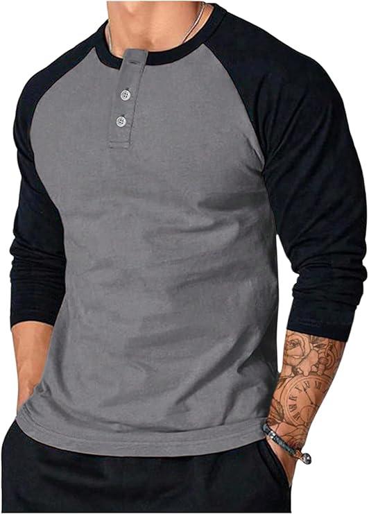 VIPWOLF Men's Letter Graphic Long Sleeve Shirts Slim Fit Round Neck Casual Tee Tops Streetwear, Grey Large