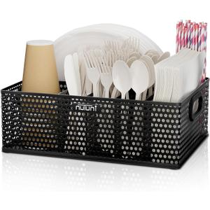 Paper Plate Organizer for Countertop, Perforated Metal Silverware Caddy for Plastic Spoon, Napkin, Utensils Holder with 6 Compartments for Party, Camping, Picnic