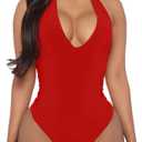 YMDUCH Women's Sexy Sleeveless Halter V Neck Backless Leotard Bodysuit Tops (Large, Red)