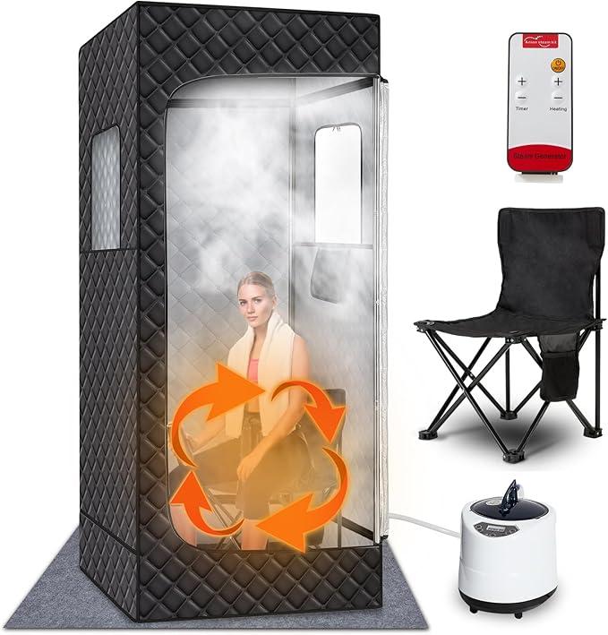 Portable Sauna Box for Home, Full Body Personal Steam Sauna with 1500W 3L Sauna Steamer, 9 Heating Levels & 5-99mins Auto Shut Off Sauna Tent, Includes Remote Control, Folding Chair, Absorbent Mat