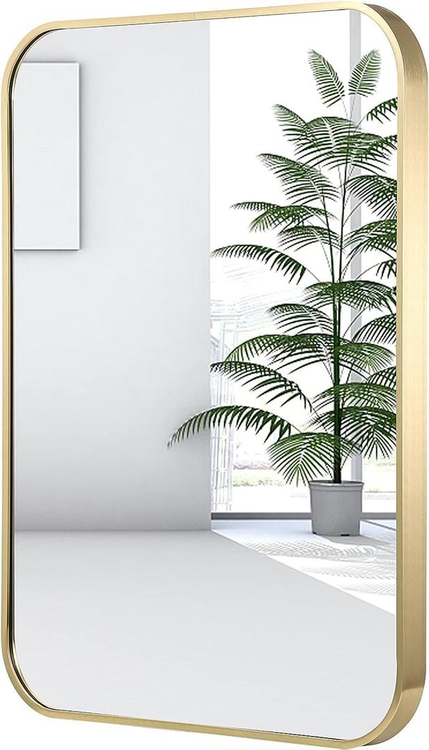 20x28 Inch Gold Bathroom Mirror, Brushed Brass Gold Metal Framed Rectangular Mirror with Rounded Corner, Bathroom Vanity Mirror for Bedroom or Living Room, Horizontal/Vertical