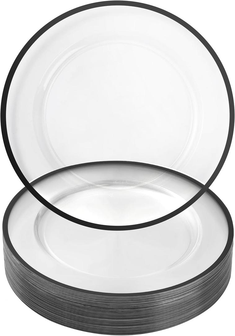 Goodluck 12 Inch Charger Plates, 25 Pack Clear Charger Plates with Black Trim, Plastic Charger Plate Bulk for Dinner, Wedding, Party, Event Decoration, Clear&Black