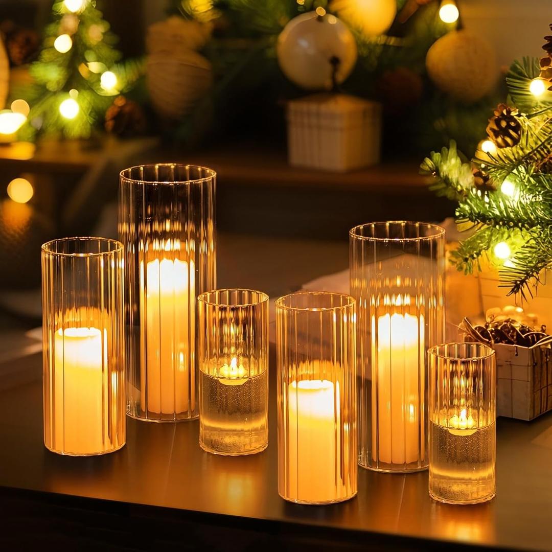 Hewory Glass Cylinder Ribbed Vases Set of 6, Tall Clear Vase for Centerpieces, Hurricane Candle Holders for Pillar or Floating Candles, Round Vases for Wedding Anniversary Events Home Table Decor