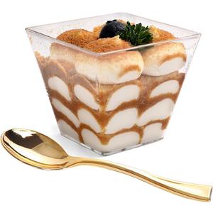 supernal 100pcs Square Plastic Dessert Cups (4oz) with 100pcs Mini Gold Plastic Spoons, Plastic Parfait Appetizer Cup, Medium Clear Dessert cups Perfect for Cakes, Ice Cream, Desserts Appetizers