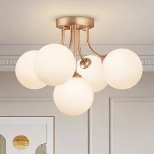 Bubble Glass Chandelier Sputnik Flush Mount Ceiling Light 5-Light Gold Flush Mount Ceiling Light Ball Milk Glass Sputnik Chandelier for Hallway Kithcen Dining Room Foyer Entrance Cloakroom Bathroom, 15.35inch