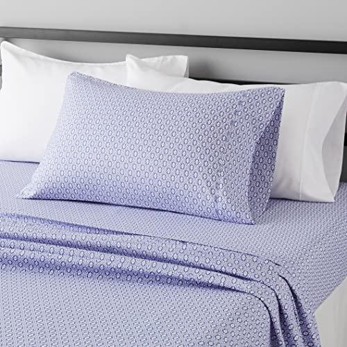 Amazon Basics Lightweight Super Soft Easy Care Wrinkle-Free Breathable Brushed Microfiber 3-Piece Bed Sheet Set with 14-Inch Deep Pockets, Twin, Blue Damask, Printed