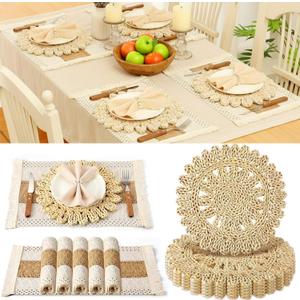 Boho Wedding Placemats Set of 6 - Handmade Farmhouse Rustic Table Decor, Natural Cotton Burlap and Water Straw Woven Round & Rectangular Mats for Bridal Shower, Reception & Holiday Hosting