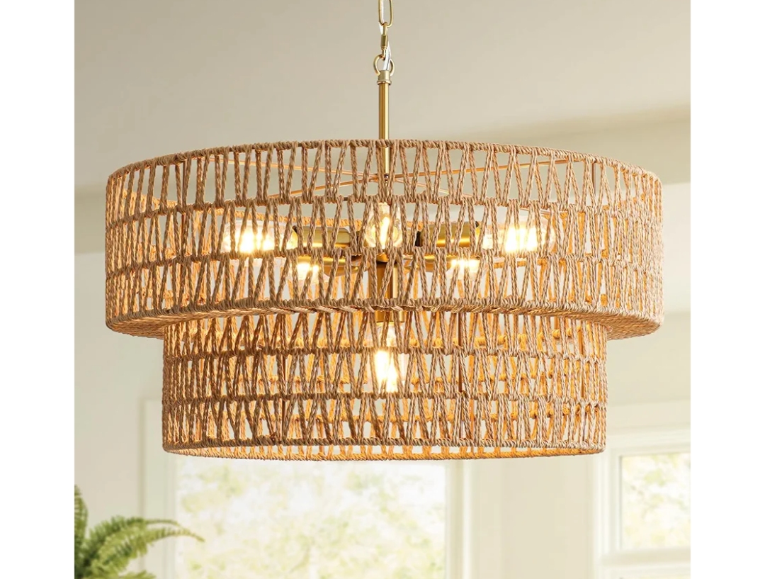 23.6" Boho Rattan Chandelier, 6-Light Large Rattan Pendant Light with 2-Tier Wicker Shade, Bohemian Farmhouse Ceiling Light Fixture Chandelier for Dining Room, Living Room, Bedroom, Kitchen Island