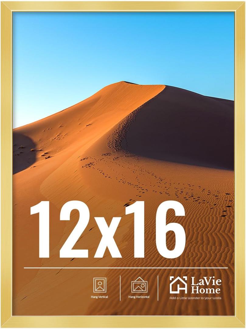 LaVie Home 12x16 Picture Frame for Wall Display, 12x16 Gold Picture Frame with HD Plexiglas, 12 x 16 Poster Frame 1 Pack, Display Frame for Vertical or Horizontal, Classic Collection