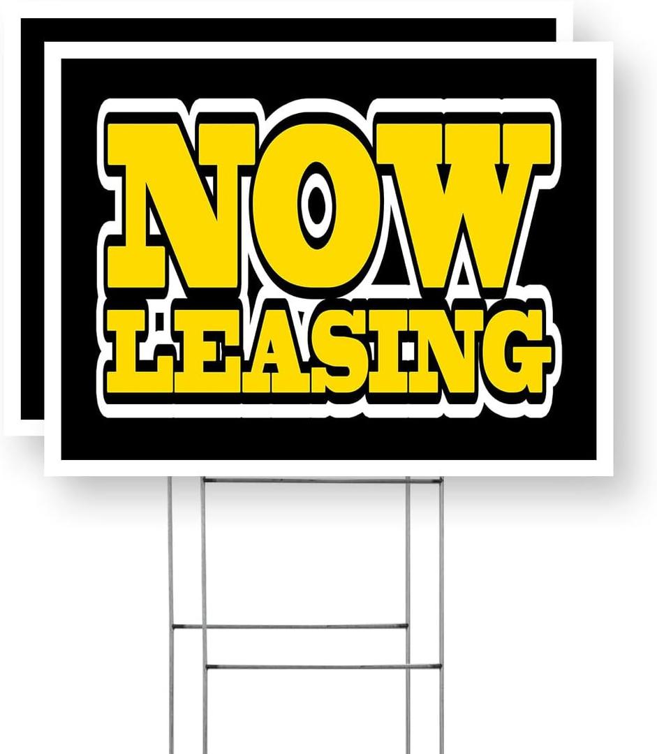 Now Leasing Yard Sign 2 Pack of 12 Inch x 16 Inch Double Sided Weatherproof Heavy-Duty Plastic with Stake | Property Rentals, Apartment Promotions, Clear Messaging | Made in USA