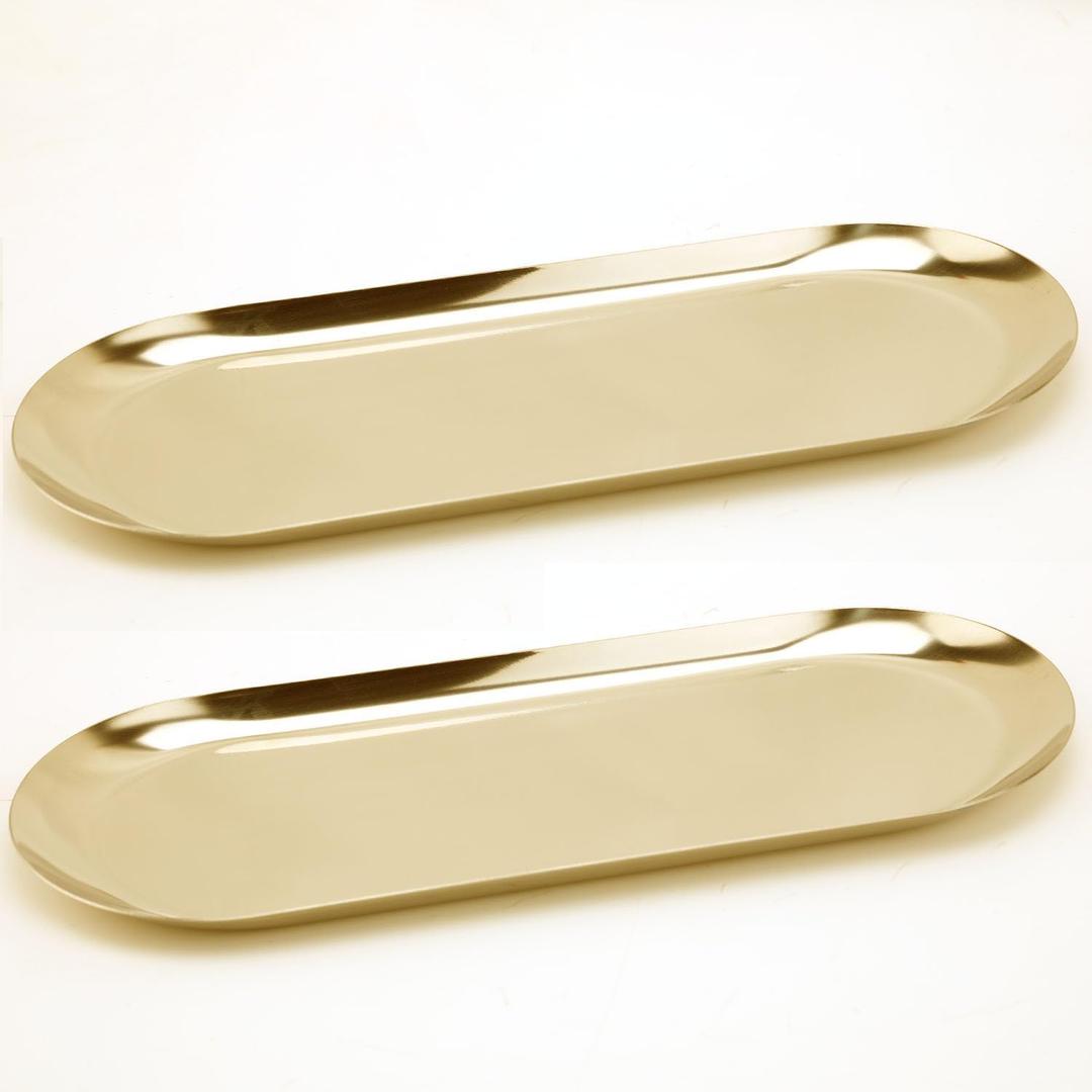 Fermus Stainless Steel Decorative Tray, Set of 2, 12 Inch Long, Jewelry Dish Cosmetics Organizer Bathroom Clutter Serving Platter Small Storage Tray, Oval, Gold
