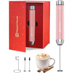 Maestri House LunaFro Max Rechargeable Milk Frother with Stepless Speed Control, Handheld Electric Foam Maker with Stand and Detachable Whisks for Lattes, Ideal Christmas Gift, Dusty Rose