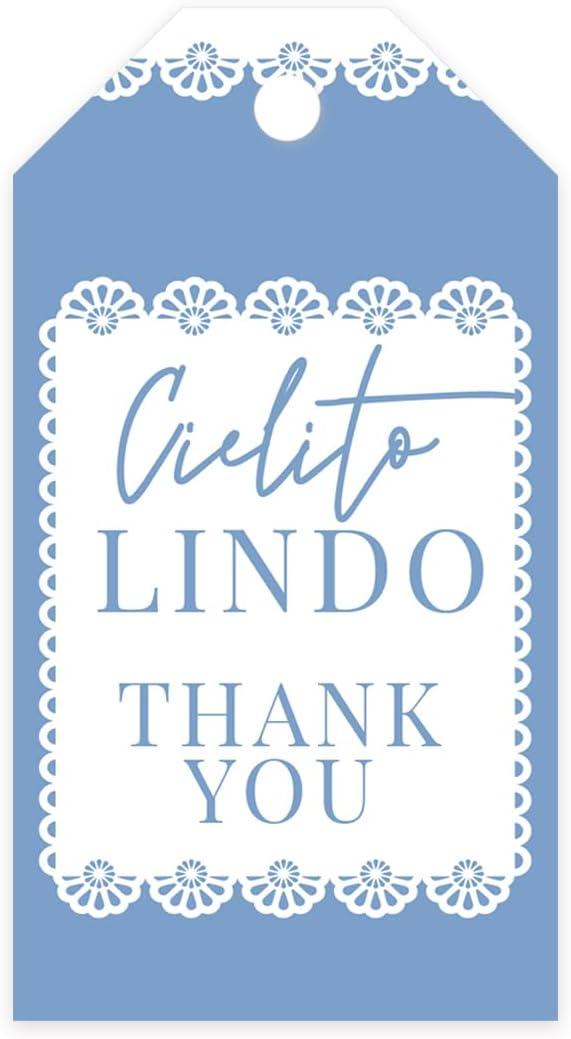 Andaz Press 2x3.75 Inch Cielito Lindo Baby Shower Decorations, Dusty Blue Thank You Tags with String, Cielito Lindo Party Decorations, Baby Shower Tags for Favors Gifts Mexican Theme Talavera, 20 Pack