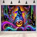 BlissYard Halloween Blacklight Tapestry 78x59 Inch Witch Pumpkin UV Reactive Wall Hanging Spooky Scene Glow in Dark Backdrop October Festive Luminous Blacklight Tapestry Party Decor