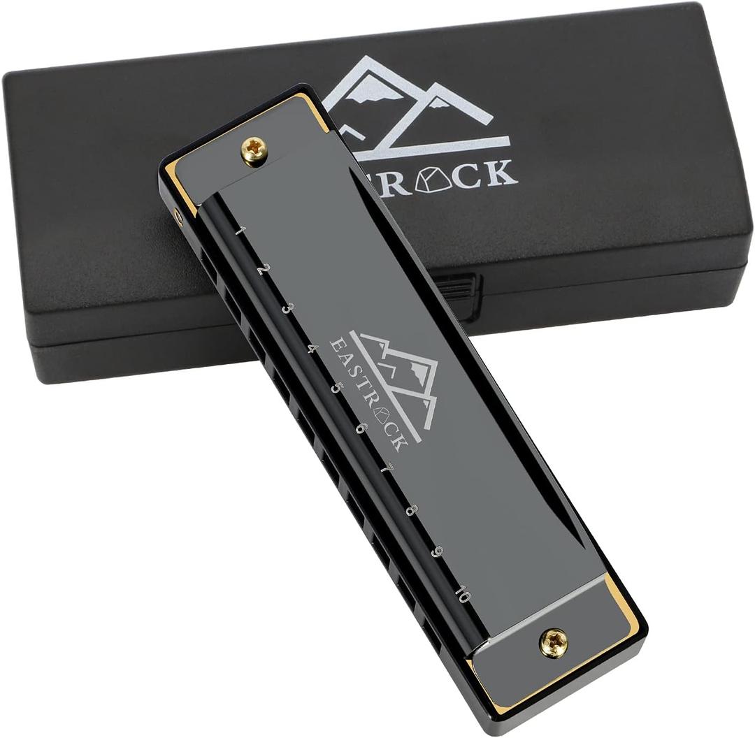 2 x EastRock Blues Harmonica Mouth Organ 10 Hole C Key with Case, Diatonic Harmonica for Professional Player, Beginner, Students gifts, Adult, Friends, Gift Black