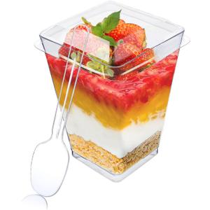 DONEUS 100 Pack 5 oz Plastic Dessert Cups with Lids and Spoons, Disposable Mini Dessert Clear Yogurt Appetizer Square Plastic Cups for Pudding, Fruit and Ice Cream
