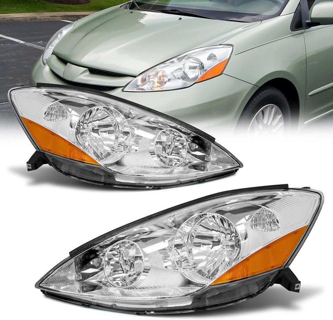 Headlight Assembly for 2006 2007 2008 2009 2010 Toyota Sienna Chrome Housing with Amber Reflector Left and Right (Not Compatible with Factory HID Option)