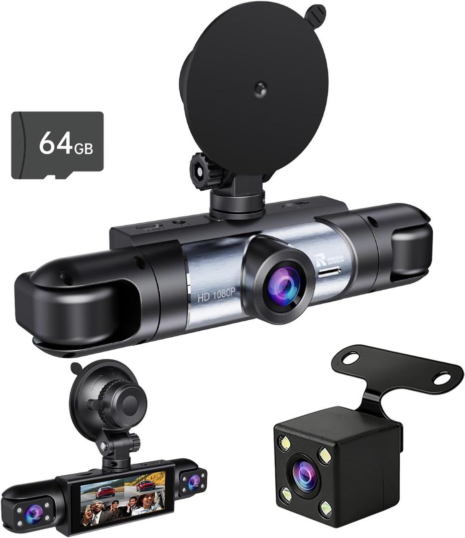 Dash Cam Front and Rear, 1080P Dash Camera for Cars, 4 Channel Car Camera (Front/Rear/Inside*2) with 64GB Card, Loop Recording, Night Vision, HDR, G-Sensor, Reversing Image Assist, Support 256 GB Max