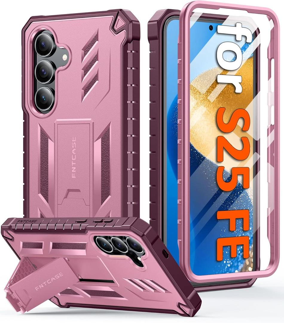 FNTCASE for Samsung Galaxy S25-FE Case: with [Built-in Screen Protector & Kickstand] [Military-Grade Drop Protection] Heavy Duty Protective Full Body Shockproof Rugged Sturdy TPU Phone Cover Pink