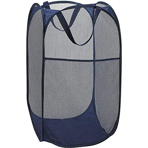 BATTOO Deluxe Strong Mesh Pop up Laundry Hamper Basket with Side Pocket for Laundry Room, Bathroom, Kids Room, College Dorm or Travel Navy Blue