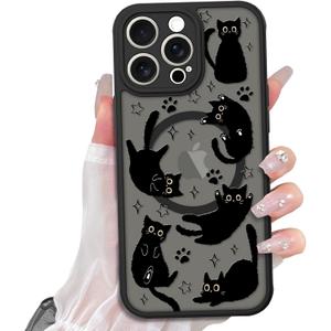 Cute Magnetic Case for iPhone 14 Pro Max Case [ Compatible with MagSafe ] with Black Cat Cats Pattern Design for Women Girls Boys, Soft Bumper Hard Back Kawaii Animal Protective Phone Cover