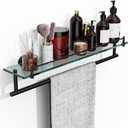 Towel Rack with Tempered Glass Shelf for Bathroom 24 Inch, Matte Black Towel Holder Wall Mount Storage Rustproof SUS304 Stainless Steel Towel Hanger, 24-inch with Railing