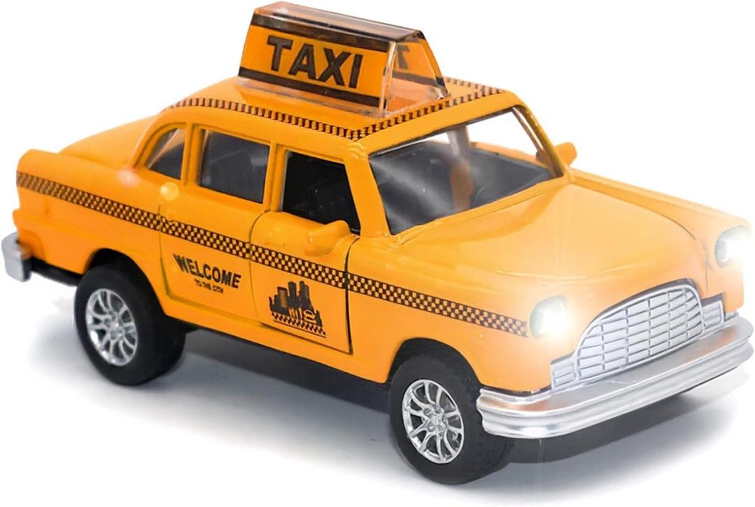 Diecast Yellow NYC Classic Checkered Taxi Cab 4.5" Pullback Toy Car with Flashing Lights and Sounds