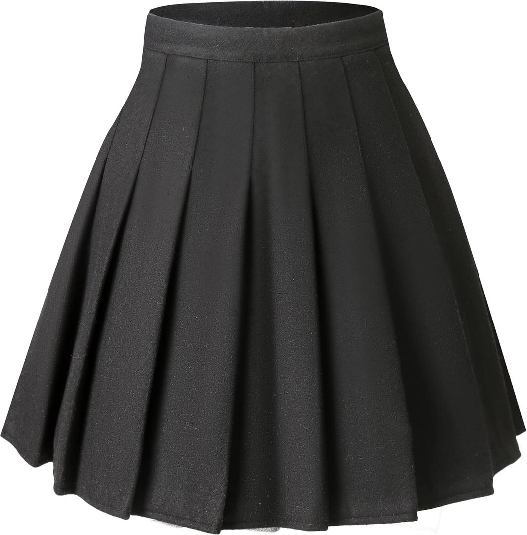 Hoerev Women Girls Thick Wool Fabric for Cold Weather Versatile Plaid Pleated Skirt with Shorts,4,Pure Black,M