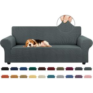 KEKUOU Stretch Sofa Cover Slipcover Couch Covers for 3 Cushion Couch Sofa (78"-94") Furniture Protector 3 Seater Sofa with Elastic Bottom for Kids,Dog, Jacquard Small Checked(Large,Grey)