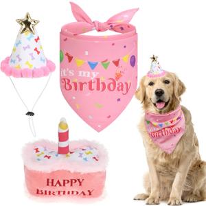 EXPAWLORER Dog Birthday Outfit - Cute Hat Bandana Scarf and Squeaky Cake Dog Toy for Birthday Party Supplies Gift, Great Party Decorations for Small Medium Large Dogs Girl, Pink