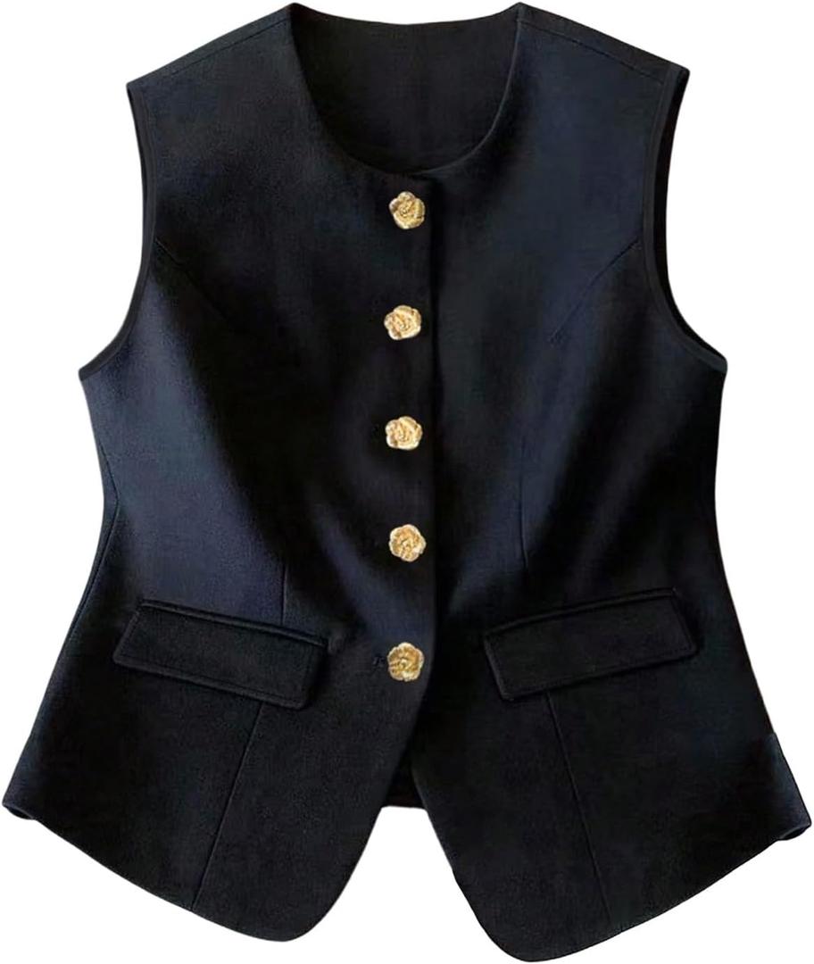 GORGLITTER Women's Button Up Blazer Vest Top Dressy Sleeveless V Neck Business Casual Work Tops Trendy (L)