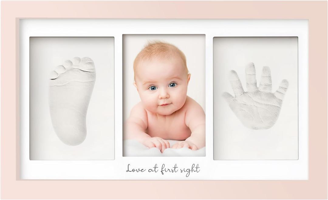 Baby Hand and Footprint Kit - Clay Handprint Keepsake Frame, Newborn Nursery Picture Frame, Personalized New Mom Gifts for Baby Shower & Registry (Petal Pink) (Duo Frame, 13" x 7.9")